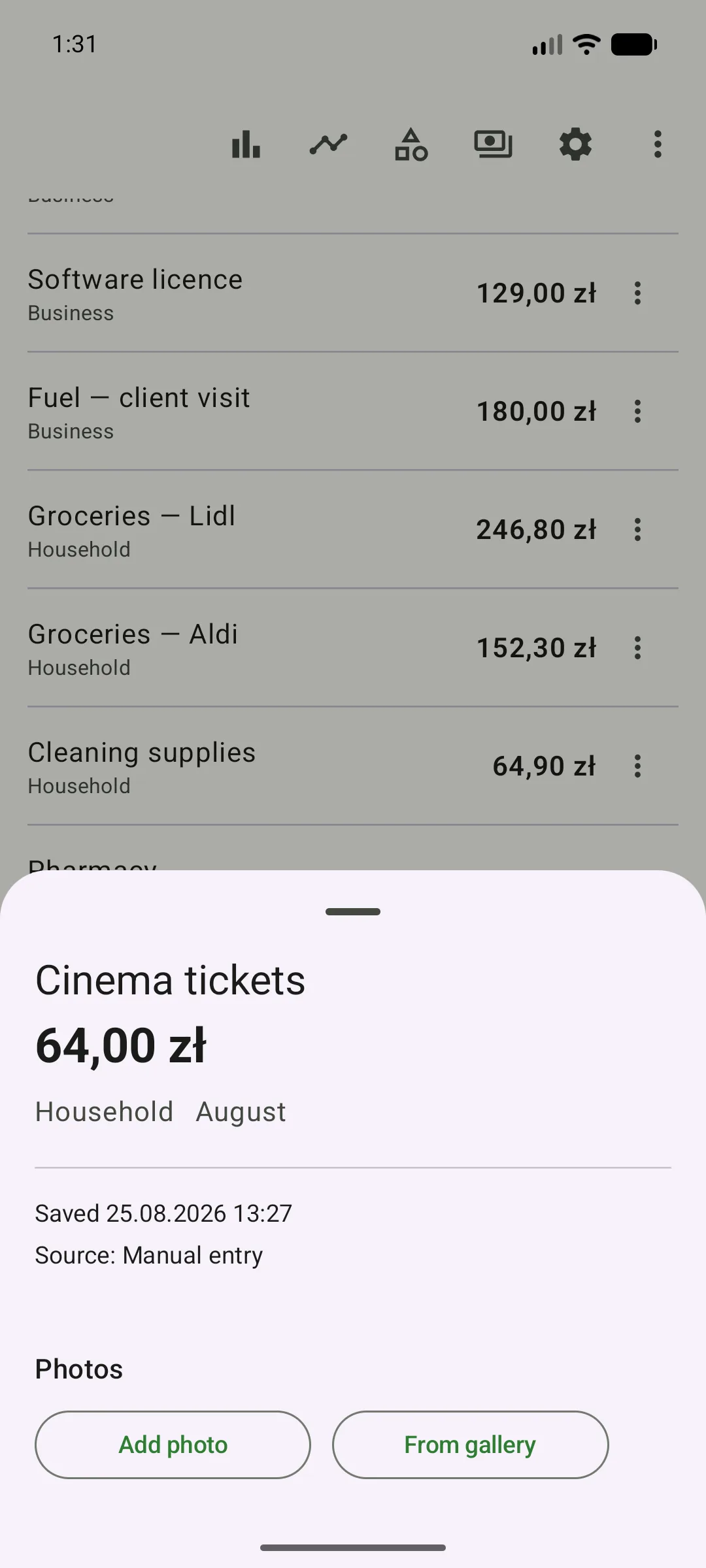 The expense detail card for “Cinema tickets”: amount 64.00 zł, category Household, month August, save date, and “Add photo” / “From gallery” buttons for attaching a receipt photo.
