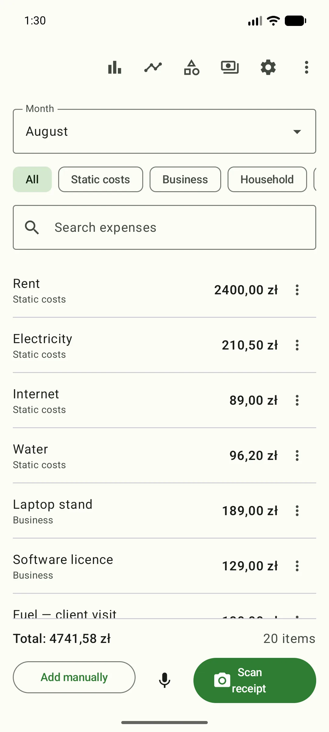 Home screen of the Rowly app: summary icon bar, month picker, category filter chips, search field, and an expense list totalling 4,741.58 zł across 20 items.