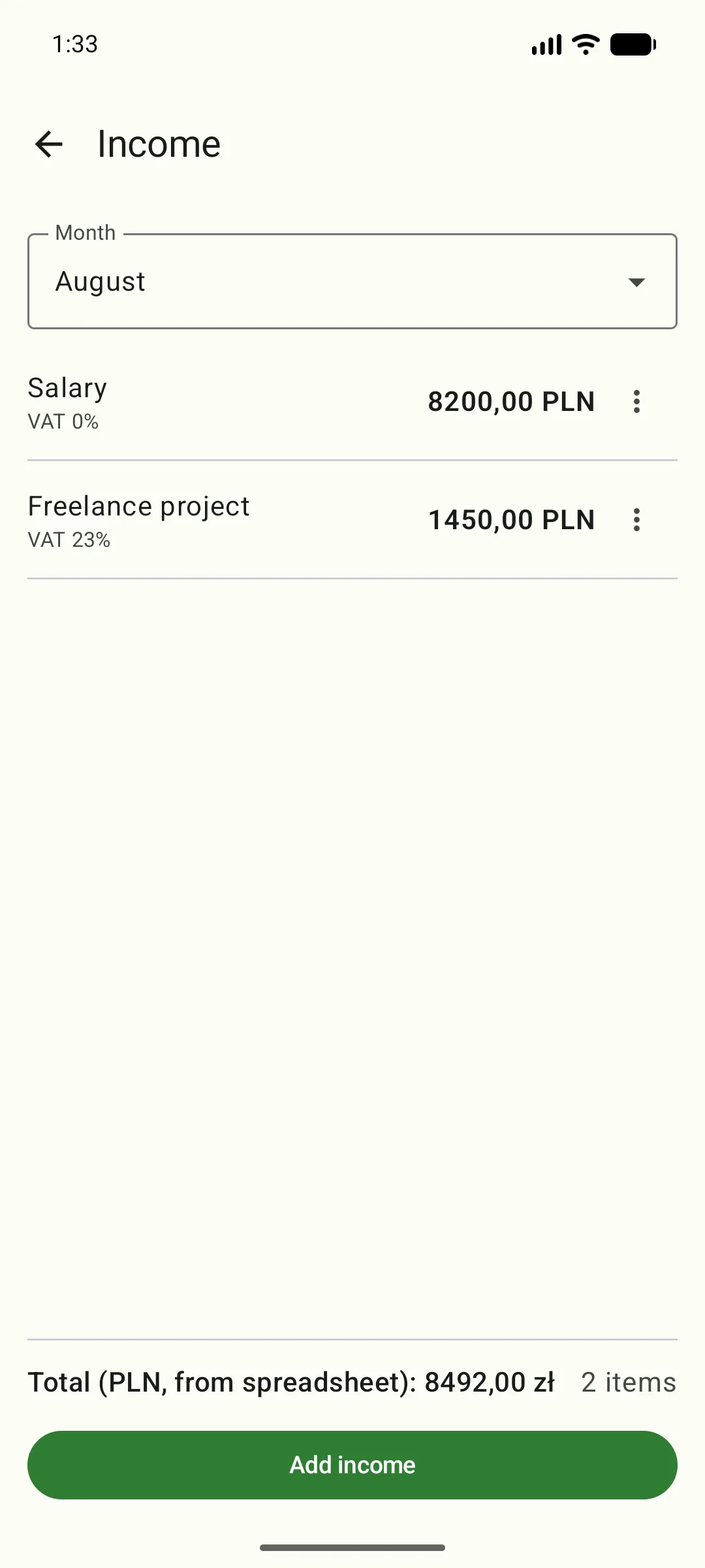 The “Income” screen: entries for Salary 8,200.00 PLN (VAT 0%) and Contract 1,450.00 PLN (VAT 23%), a PLN total from the sheet of 8,492.00 zł, and an “Add income” button.