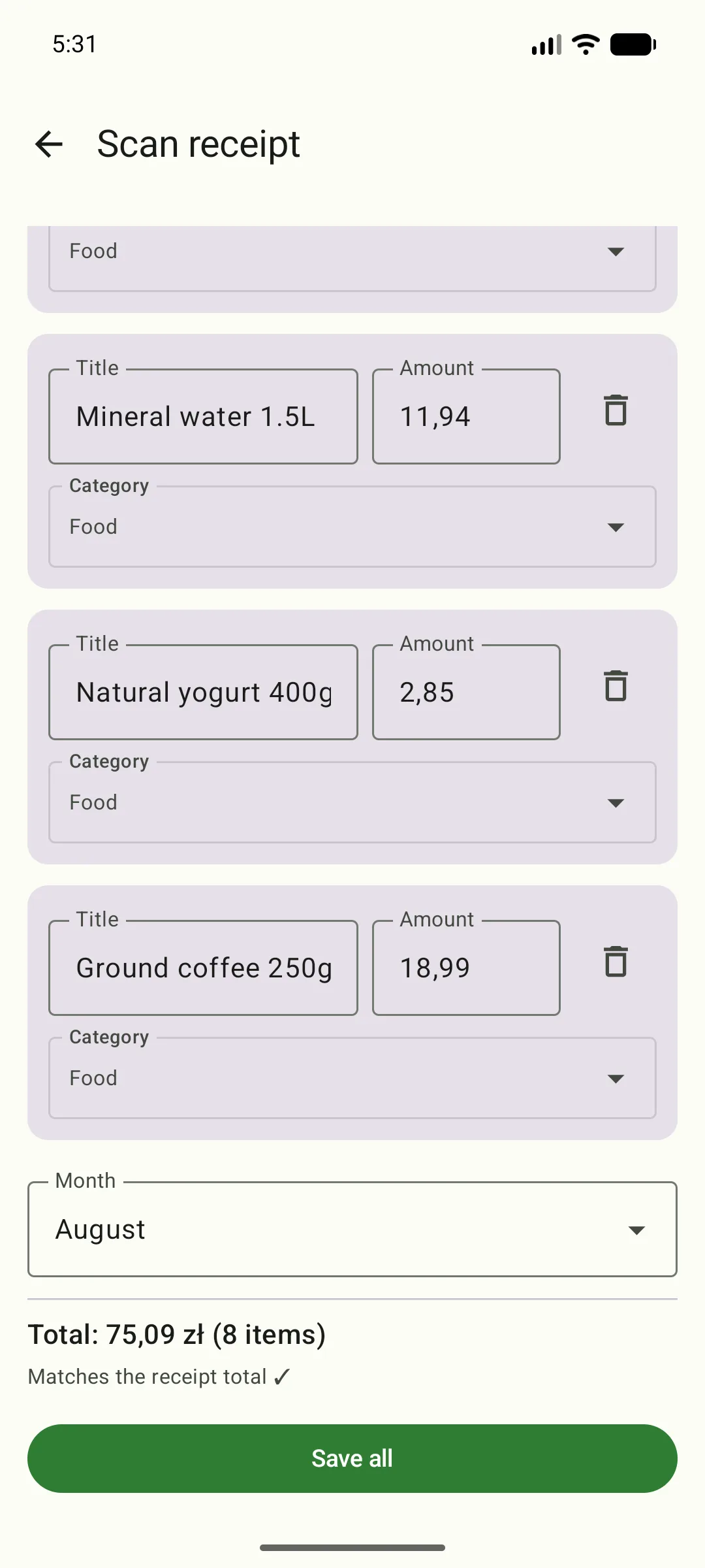 Bottom of the scanning screen: month picker, “Total: 75.09 zł (8 items)”, the message “Matches the receipt total ✓”, and a green “Save all” button.