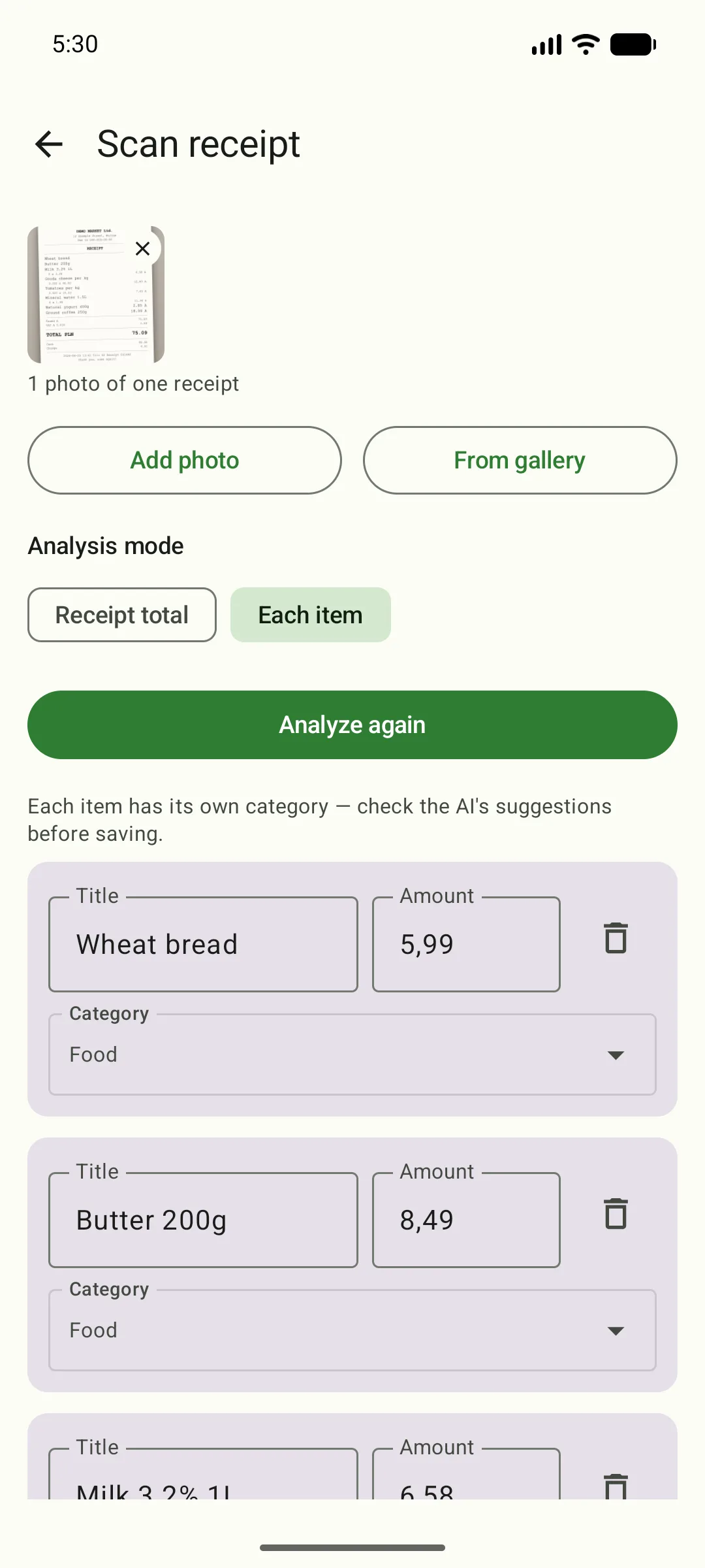 The “Scan receipt” screen in “Each item” mode: a thumbnail of the receipt photo and a list of items — Wheat bread 5.99 zł, Butter extra 200g 8.49 zł — each with its own title, amount, and category field.