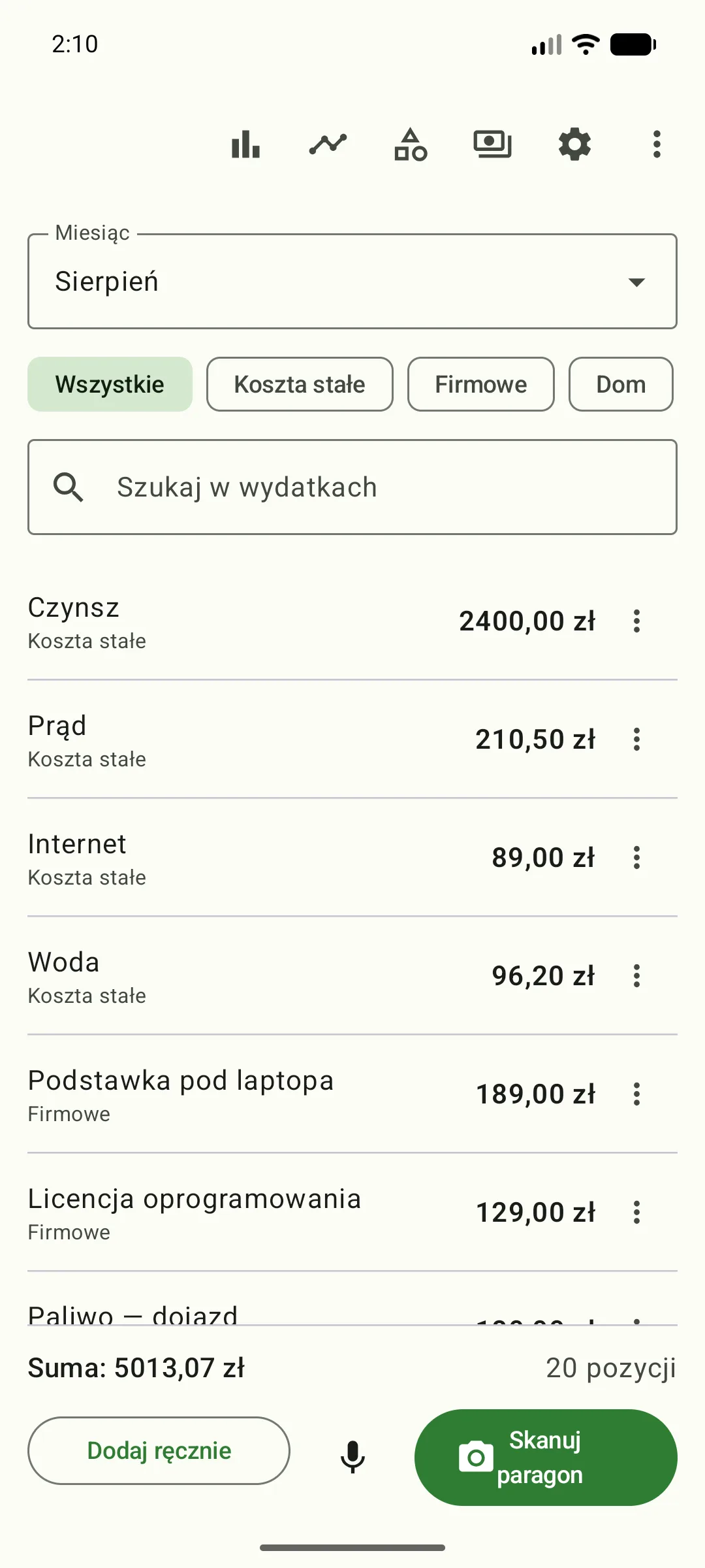 Ekran główny aplikacji Rowly: pasek z ikonami podsumowań, wybór miesiąca, filtr kategorii, pole wyszukiwania i lista wydatków z sumą 5013,07 zł (20 pozycji).