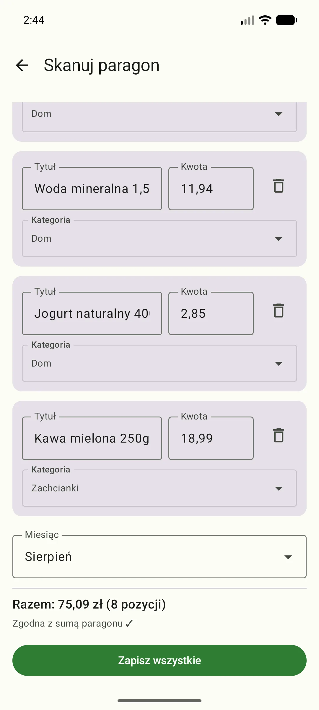 Dół ekranu skanowania: wybór miesiąca, „Razem: 75,09 zł (8 pozycji)”, komunikat „Zgodna z sumą paragonu ✓” i zielony przycisk „Zapisz wszystkie”.